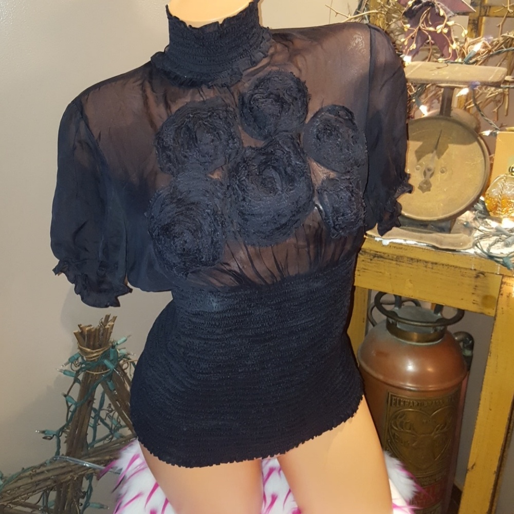 Bebe Black Sheer Floral Top